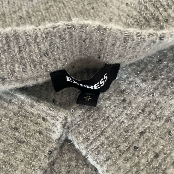 Express Women's Silver Sequined Gray Crewneck Crop Ribbed Sweater Medium - Picture 11 of 15